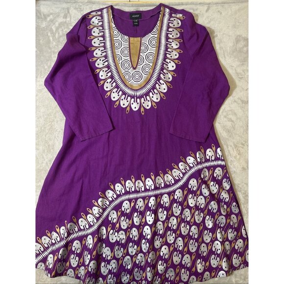 Ashro Women’s XXL Linen Blend Dashiki Tunic Dress Purple Ethnic African Print - Picture 2 of 11